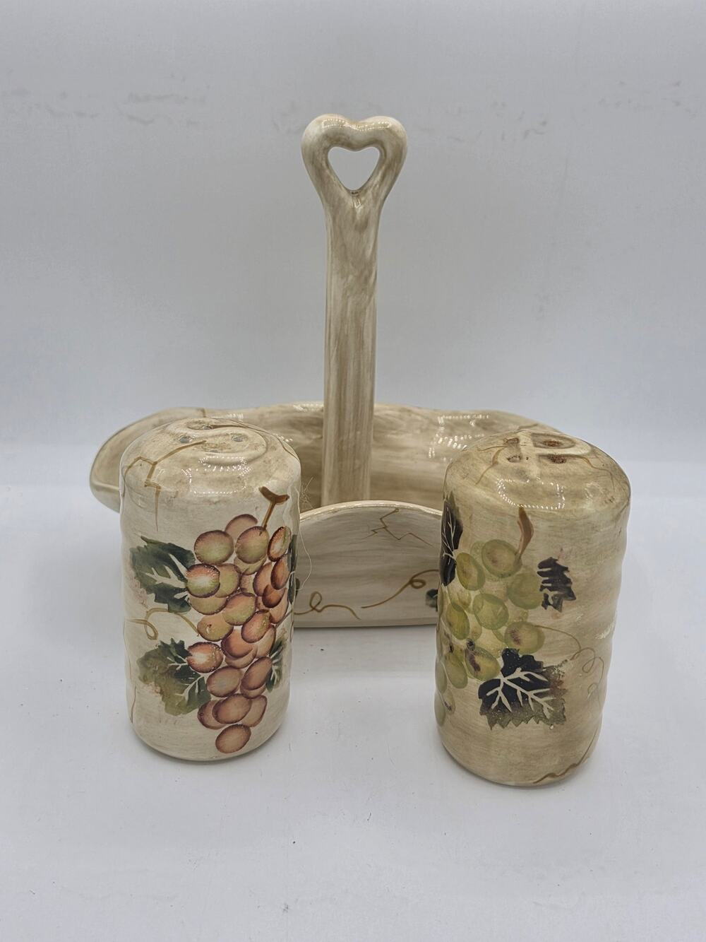 Tabletops Unlimited Cabernet Ceramic Salt Pepper Shakers Caddy VTG Grapes READ